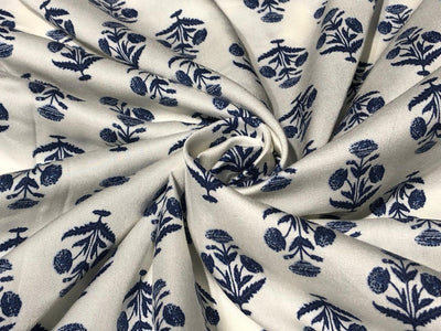 TENCEL Twill ivory with navy flower motif  Printed Fabric ~ 58&quot; wide [17293]