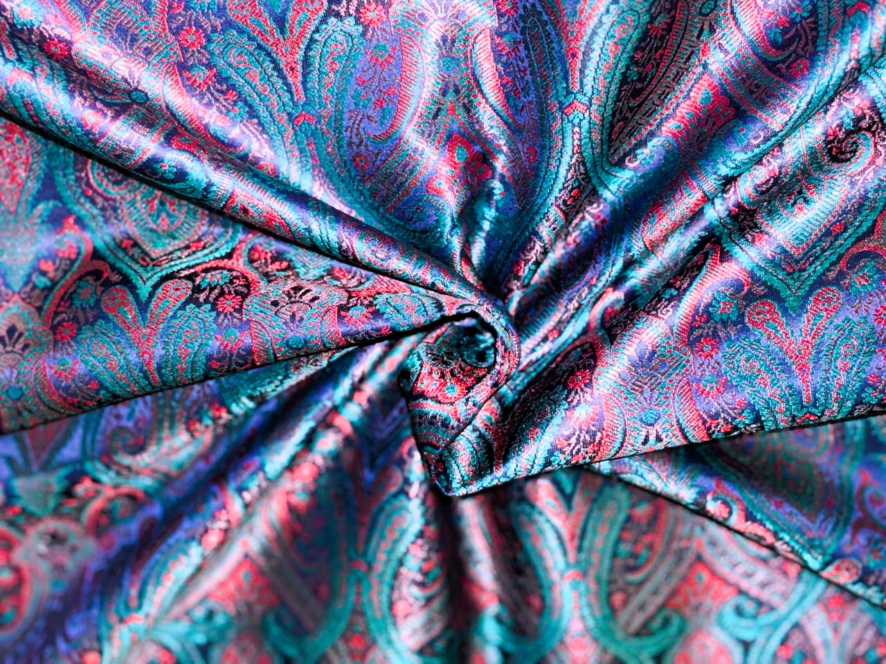 Silk Brocade fabric 44"bright paisley  jacquard available in 4 colors pink/blue/gold , mango/pink/green ,burgundy/green/gold and ink blue/teal/red   BRO1045