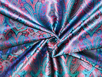 Silk Brocade fabric 44"bright paisley  jacquard available in 4 colors pink/blue/gold , mango/pink/green ,burgundy/green/gold and ink blue/teal/red   BRO1045
