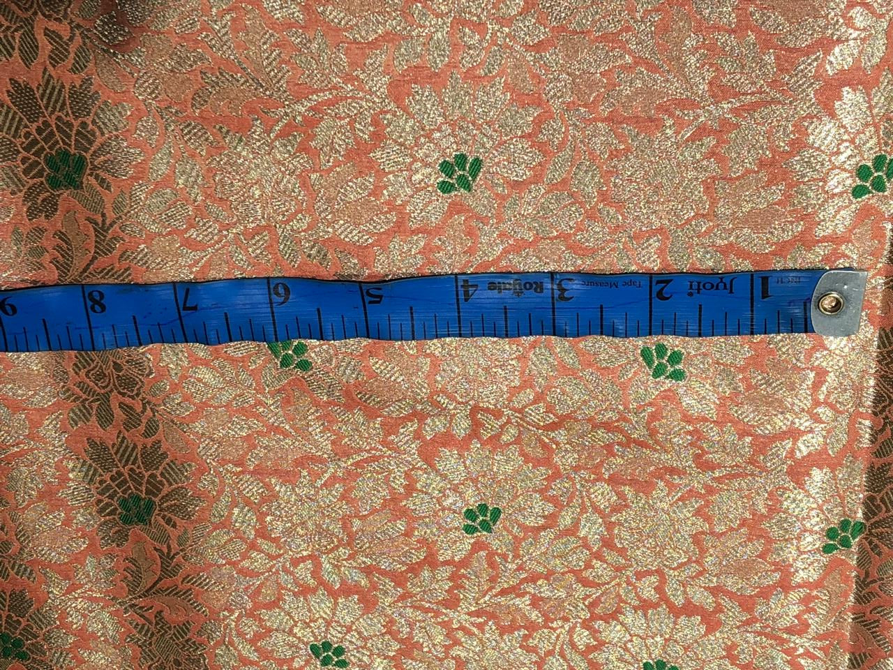 Silk Brocade fabric 44" peach and green with metallic white gold floral jacquard BRO1038[3]
