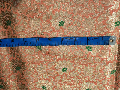 Silk Brocade fabric 44" peach and green with metallic white gold floral jacquard BRO1038[3]