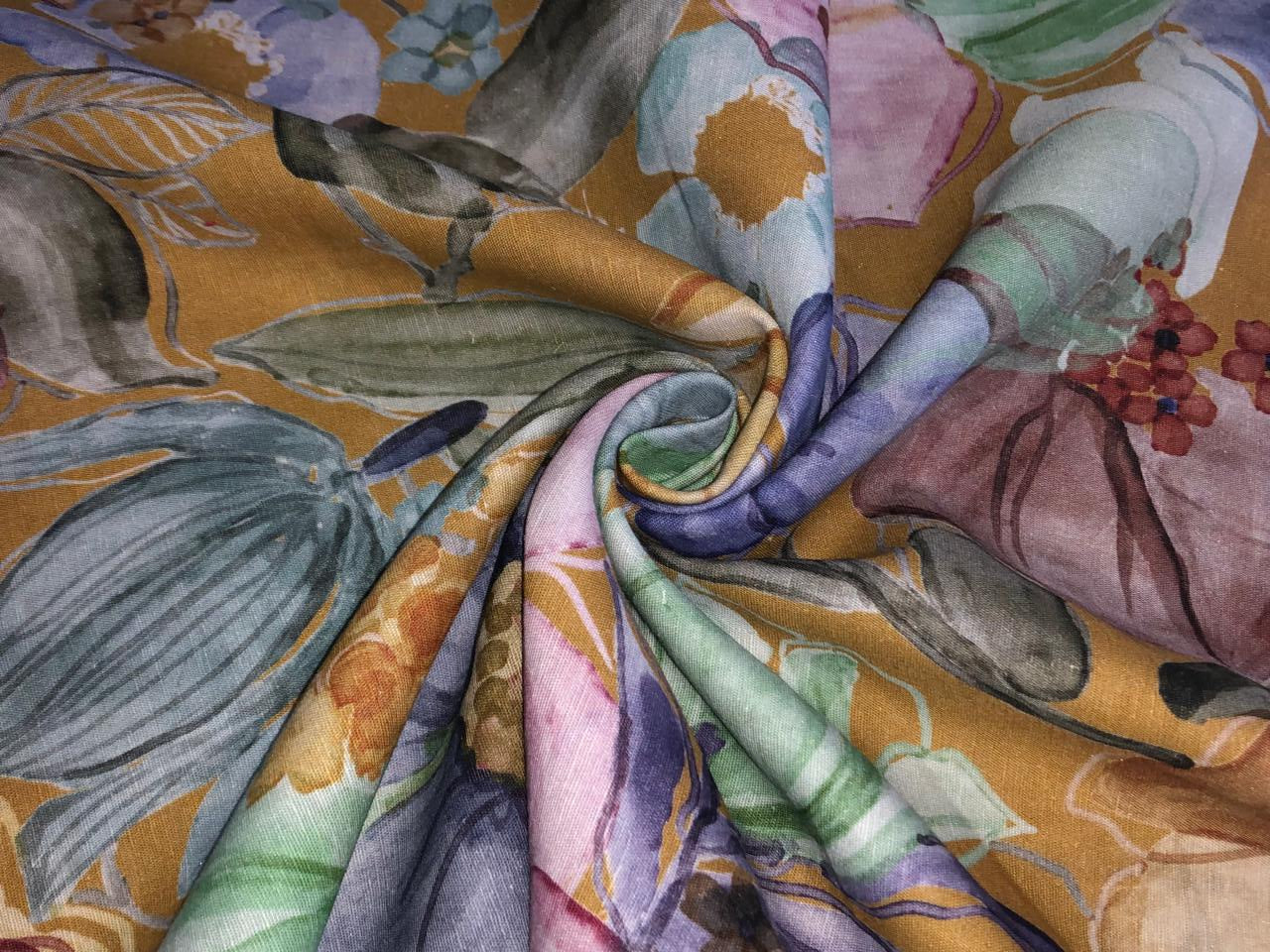 100% linen Floral digital print fabric 44" wide available in 3 colors grey, pink, mustard/mustard ,pink, grey, purple and purple, dusty green