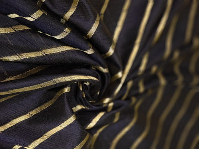 100% Silk Brocade in raw silk fabric available in 2 colors black and peacock blue with gold metallic stripe 44" wide BRO1070[3/4]