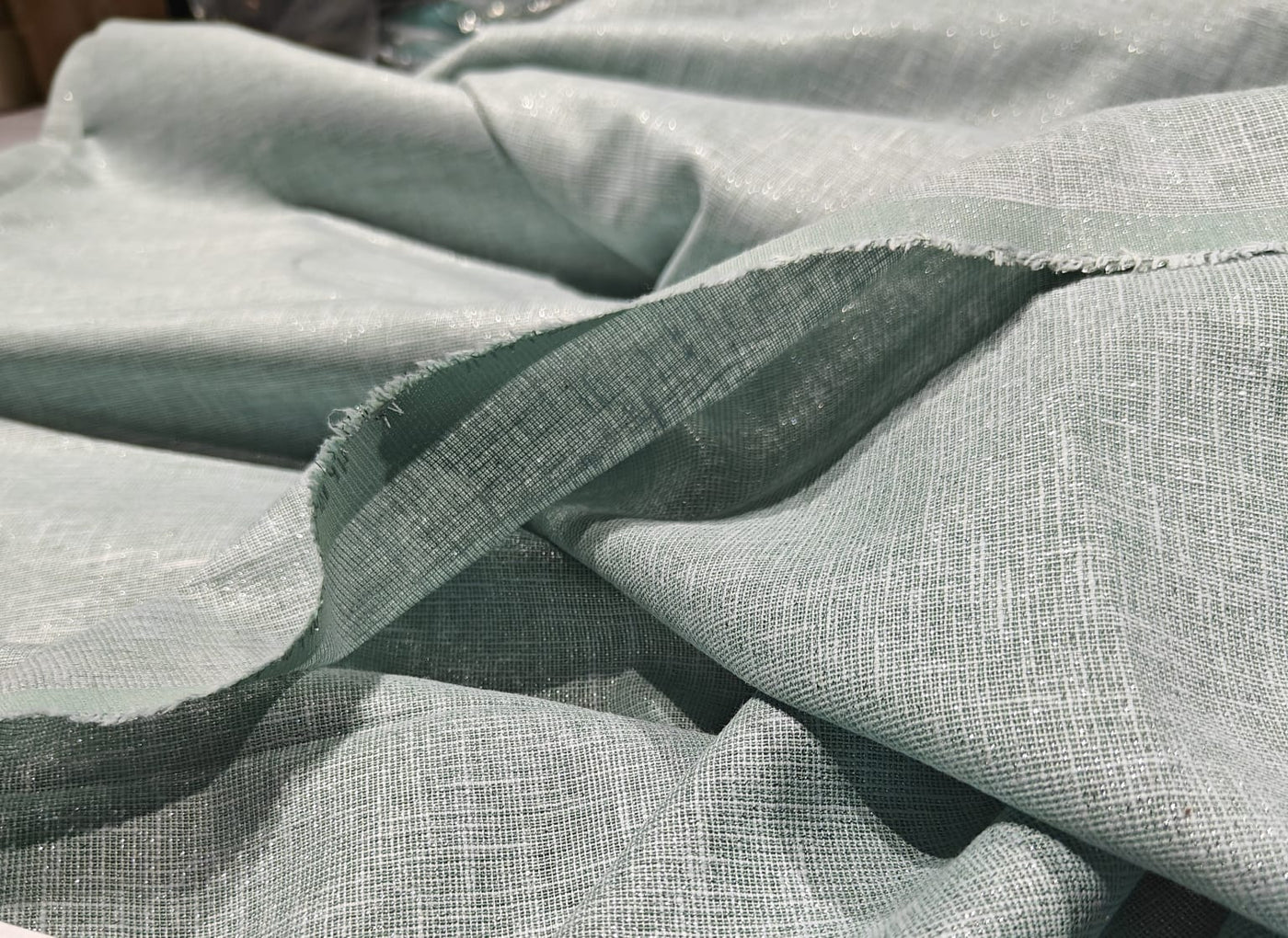 Linen  Lurex  Fabric 58" available in 3 colors  sea green ,nude , charcoal and pink