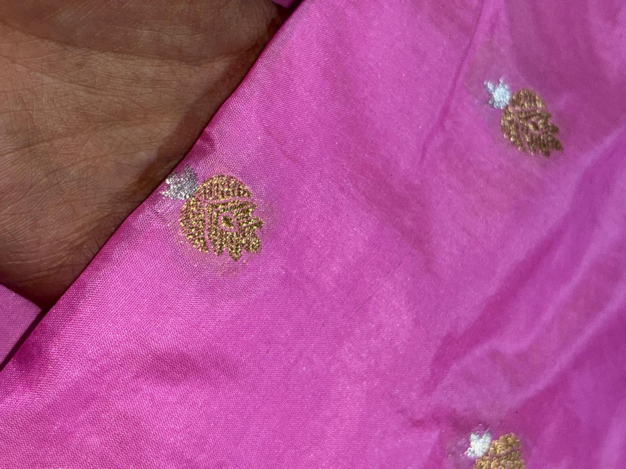 100% PURE Silk Brocade fabric 44" wide PINK with small metallic gold ,silver motifs BRO914[7]