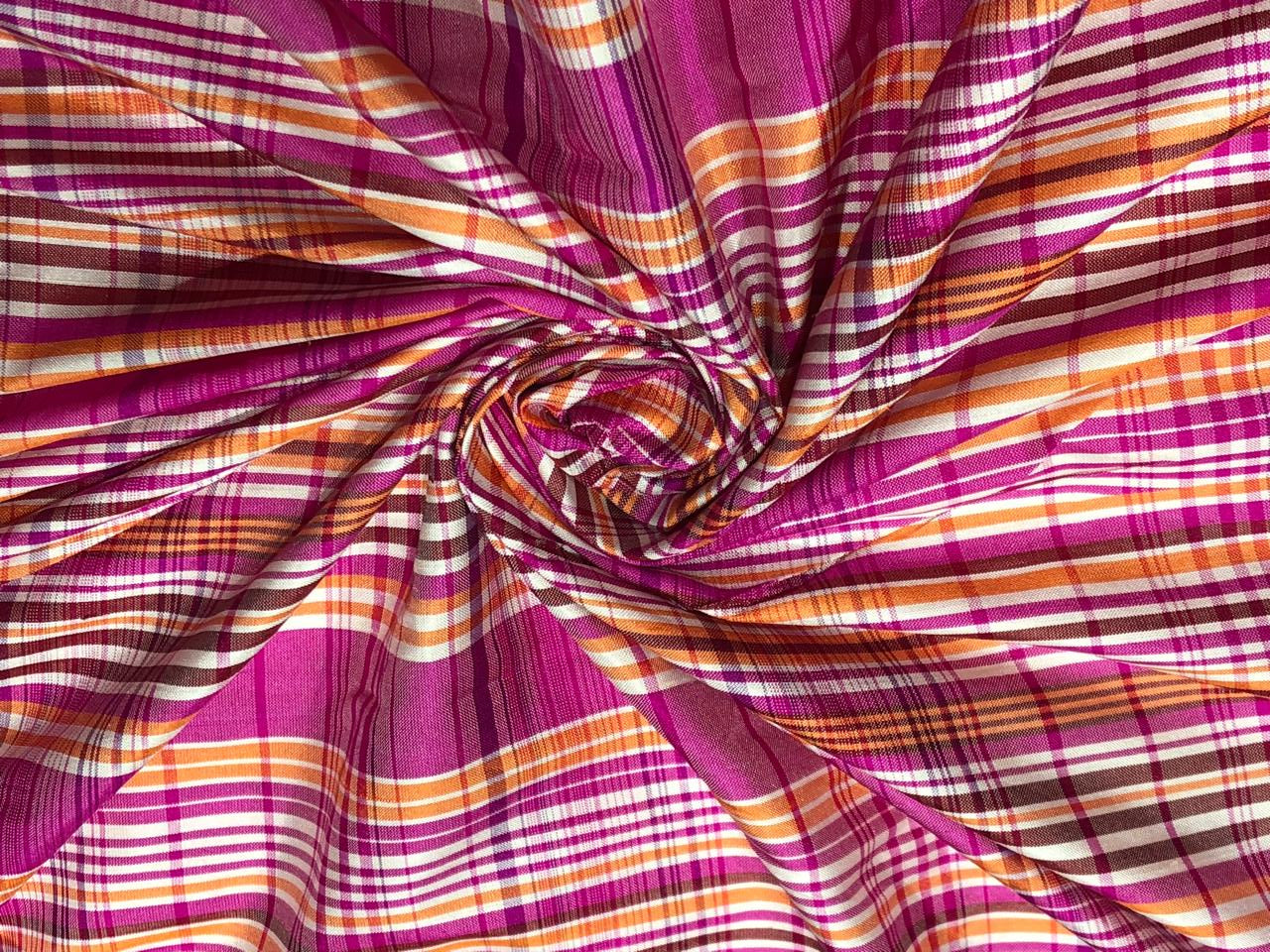 100% silk dupion  Plaids fabric pink, mango and white DUPNEWC30[1]