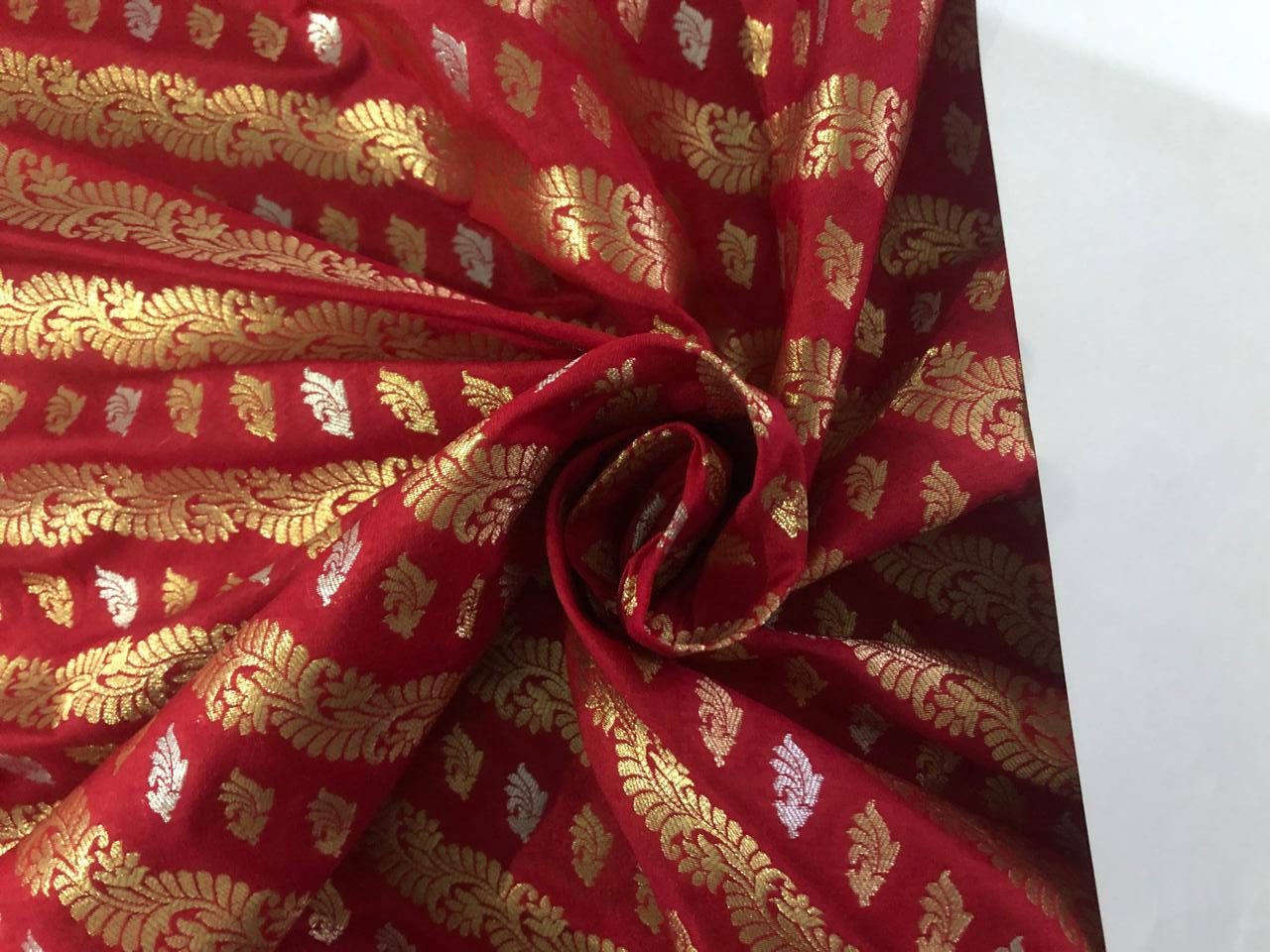 Silk Brocade fabric 44" wide  Jacquard with metallic gold and silver motif rows available in 2 colors red and black BRO939[1/2]