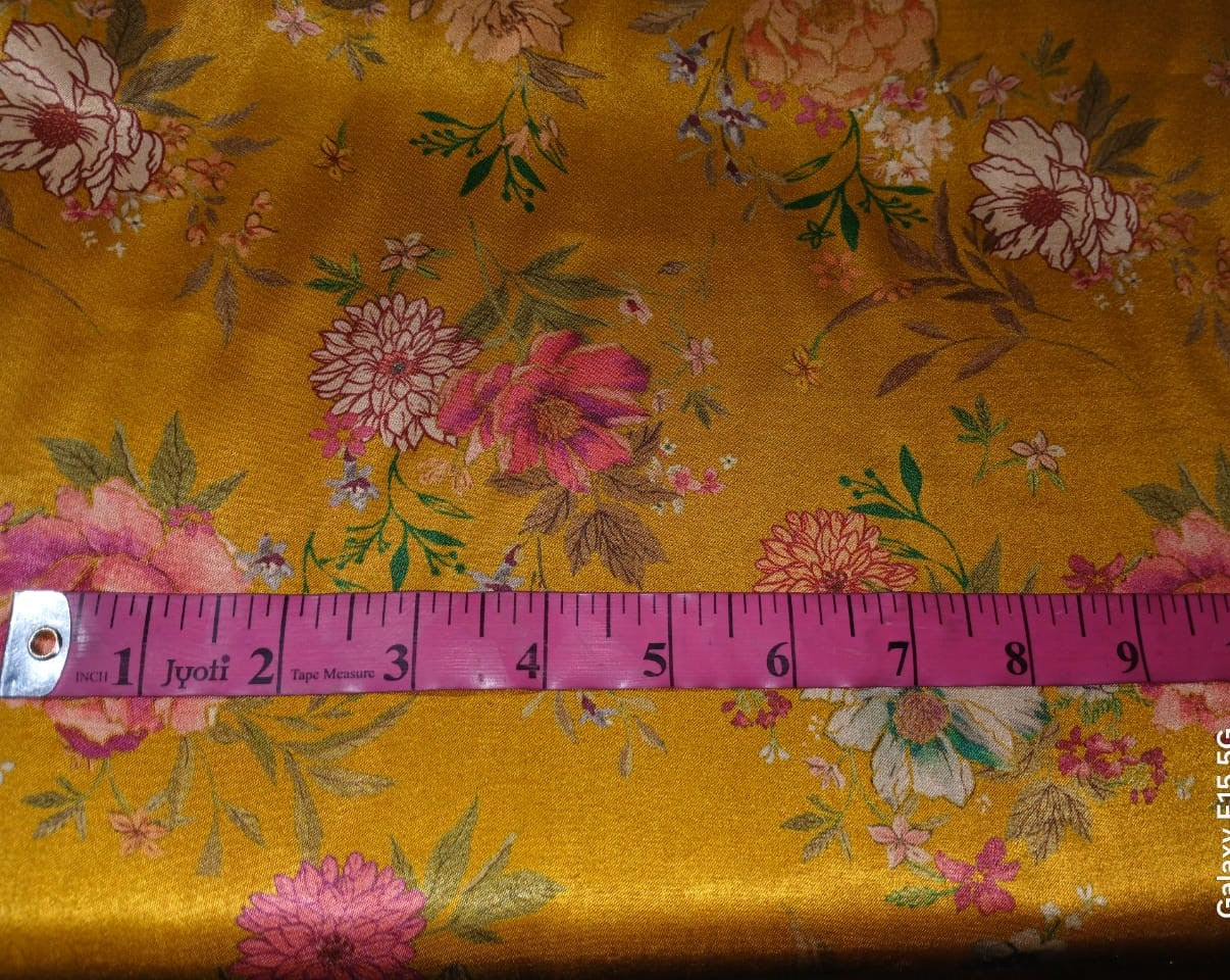 Viscose  Modal Satin fabric Digital pink,cream,orange,peach,green Floral Print 44" wide available in 3 colors black, dark teal and mustard gold