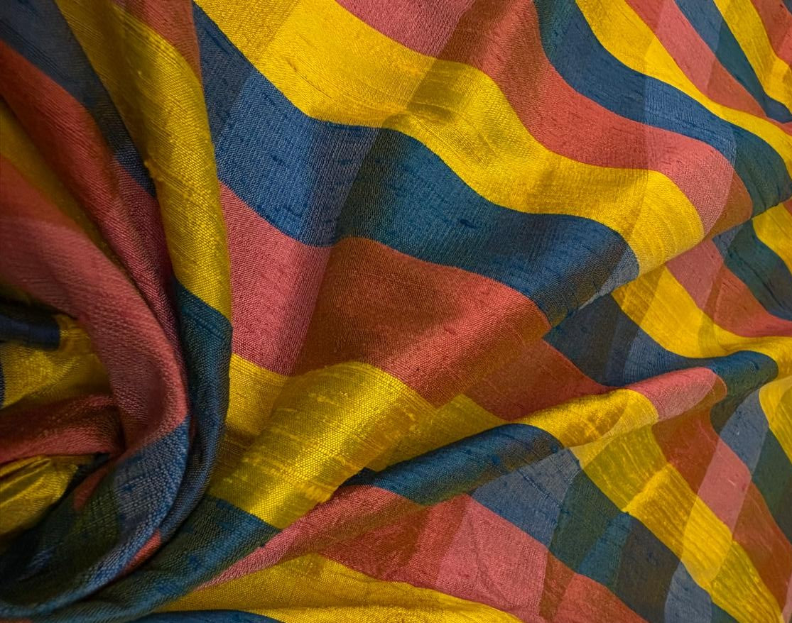 100% silk dupion blues , yellows and pinks  Plaids fabric 44" DUPNEWC33[1]