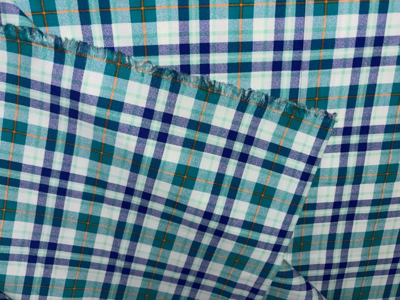 100% Cotton POPLIN  PLAIDS shades of white,teal,green,purple and mustard 58" [17213]