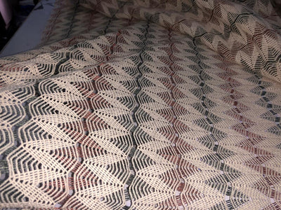 Cotton x jute fancy LACE overlay fabric offers intricate woven patterns 72"available in  2 designs diamond with squares and brown,green and cream triangles
