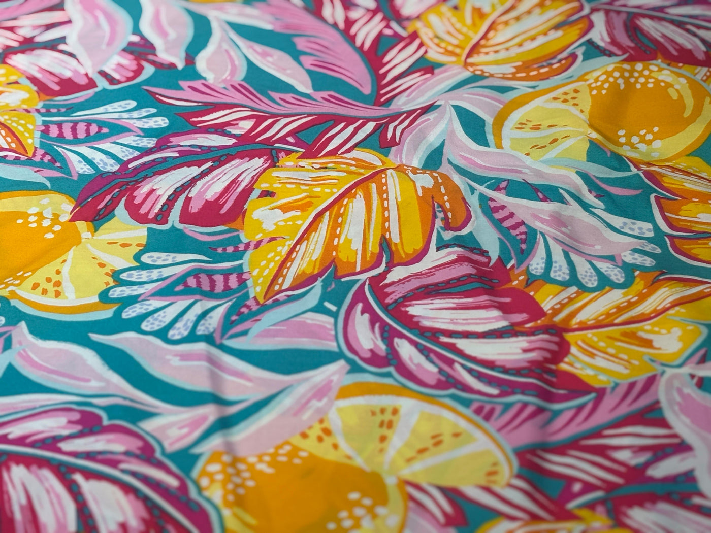 100% Cotton Poplin 58" wide digital print pastel pinks, sea blue ,bright yellows jungle print [17614]