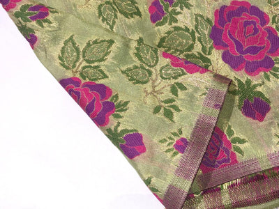 Brocade Fabric Mint  with pink purple rose Jacquard x metallic gold  Color 44" WIDE BRO982[1]