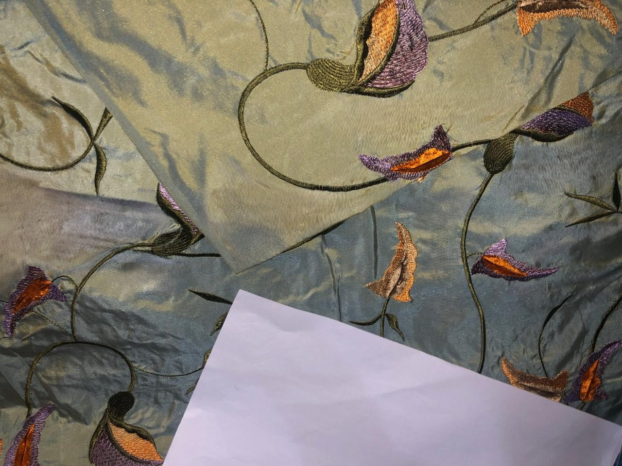 100% SilkTAFETTA EMBROIDERY 44" WIDE irridescent blue green with  purple and orange  flowers TAFE22[2]