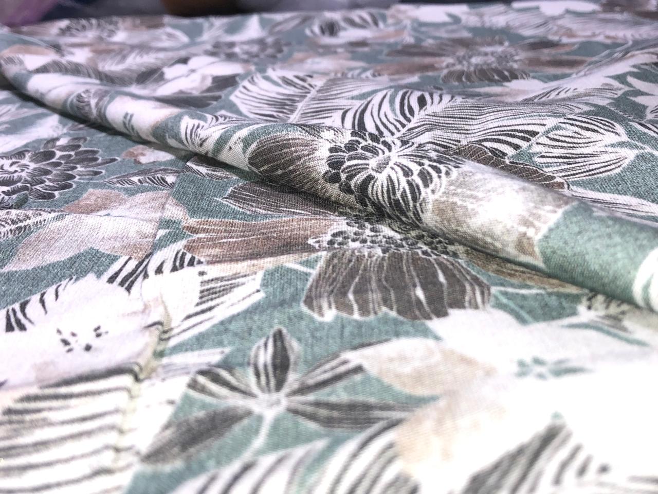 100% linen  digital print fabric 44" wide available in 4 PRINTS CREAM ABSTRACT WITH SEA GREENS,GREENY GREY FLORAL,ELEPHANT AND BLACK AND CREAMK FLORAL