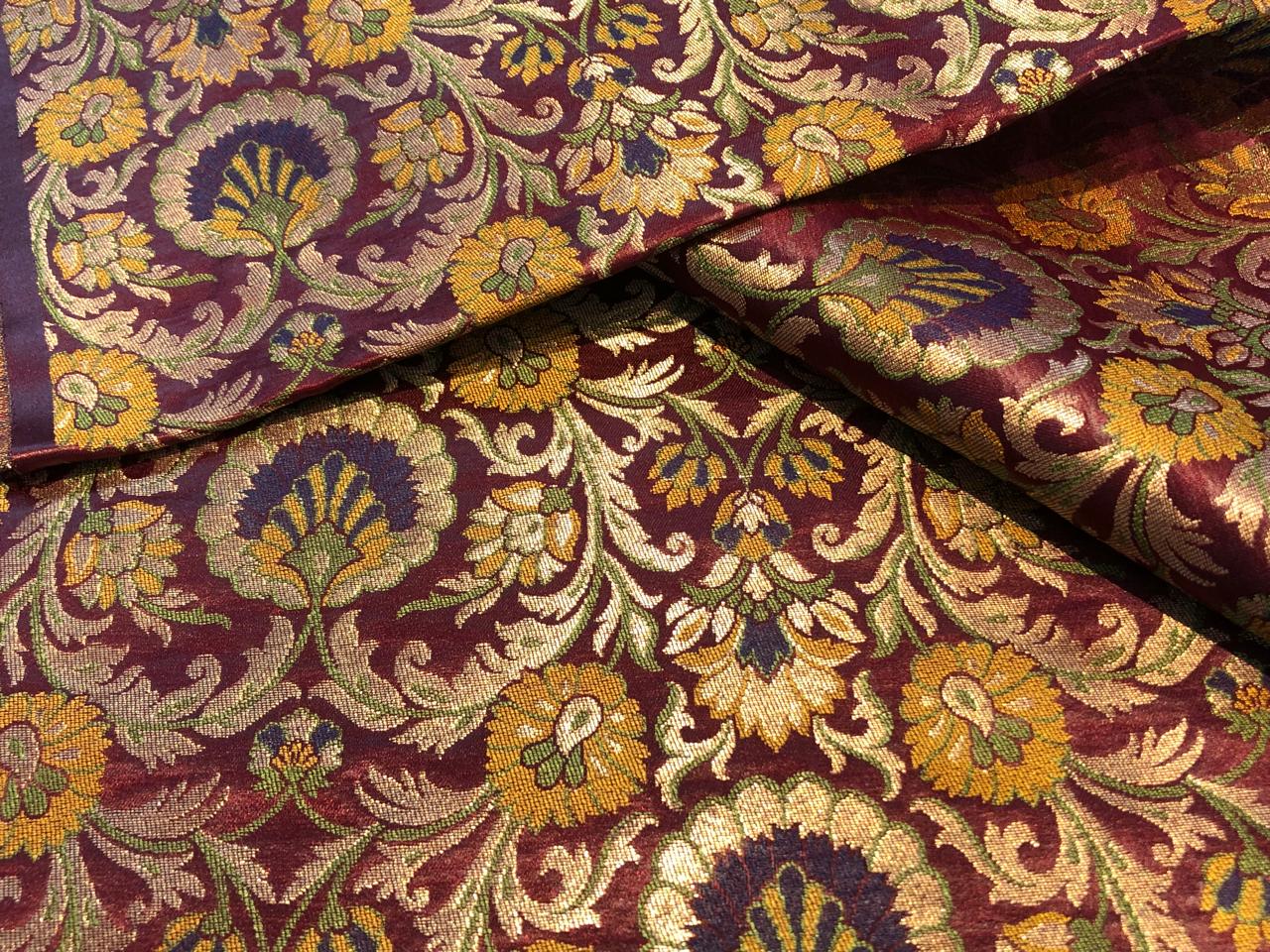 Silk Brocade fabric burgundy with pretty mustard, purple, green  floral jacquard BRO1092[2]