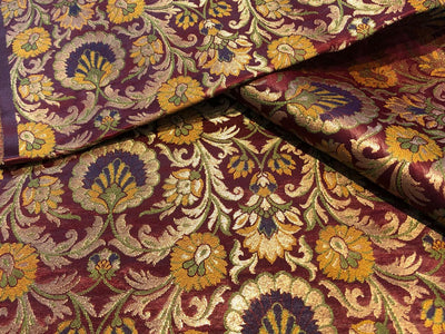 Silk Brocade fabric burgundy with pretty mustard, purple, green  floral jacquard BRO1092[2]