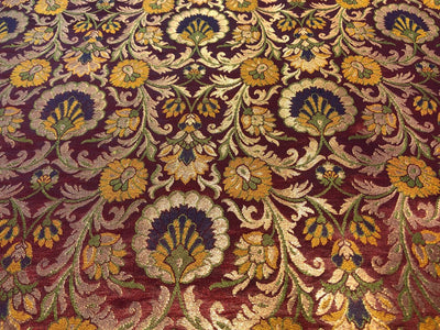 Silk Brocade fabric burgundy with pretty mustard, purple, green  floral jacquard BRO1092[2]