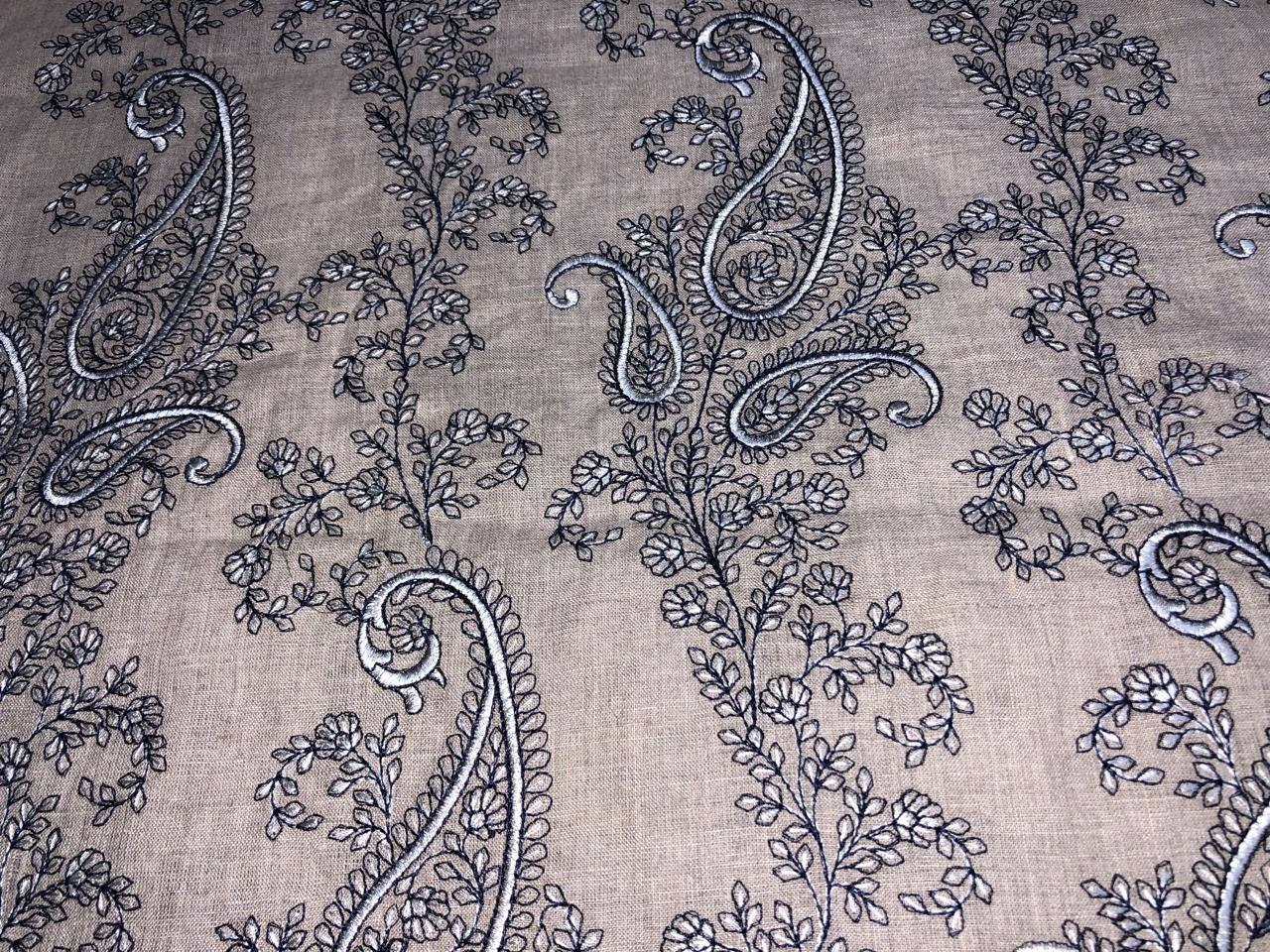 100% Linen  Kashmiri Embroidery available in 3 colors ivory with pink paisleys ,camel with navy paisley and ivory with beige paisley