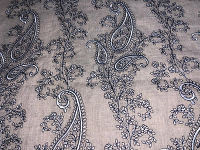 100% Linen  Kashmiri Embroidery available in 3 colors ivory with pink paisleys ,camel with navy paisley and ivory with beige paisley