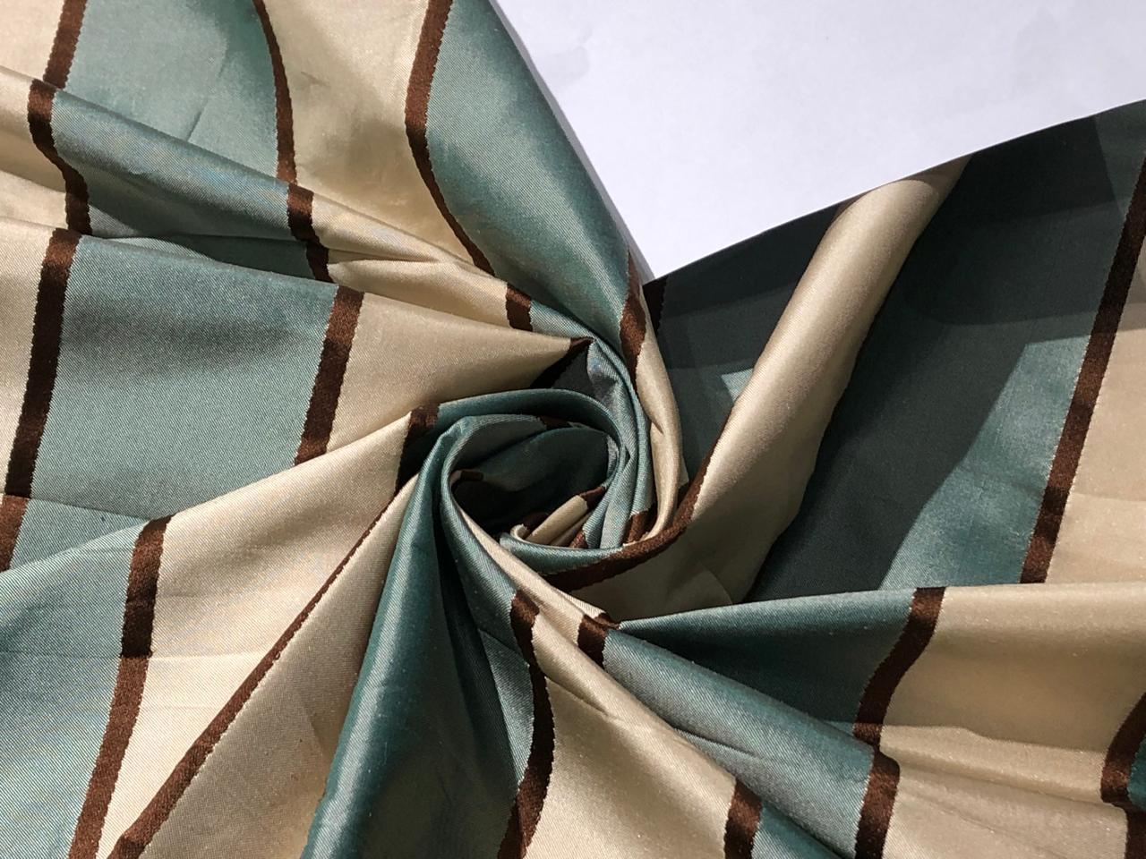 100% SILK TAFFETA FABRIC PALE TEAL,BEIGE CREAM AND DARK BRONZE STRIPES   TAFNEWS26