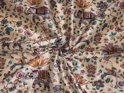 Silk Brocade fabric ivory with elephant ,peacock ,lotus motif and floral jacquard with subtle sequins and embroidery BRO1069[2]