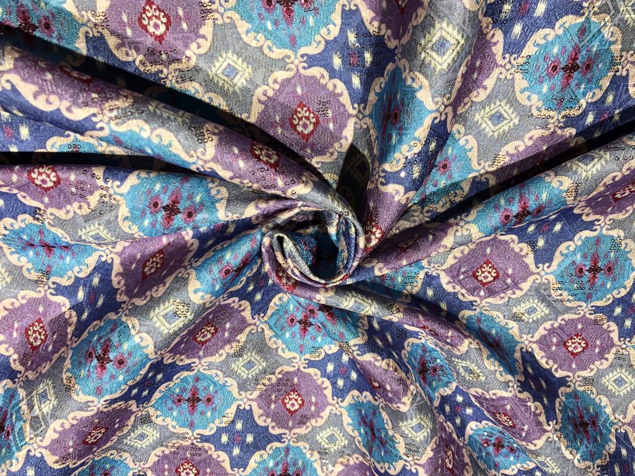 Silk Brocade fabric 56"blue,purple,pink and burgundy  jacquard and very subtle pink sequence BRO1061[3]