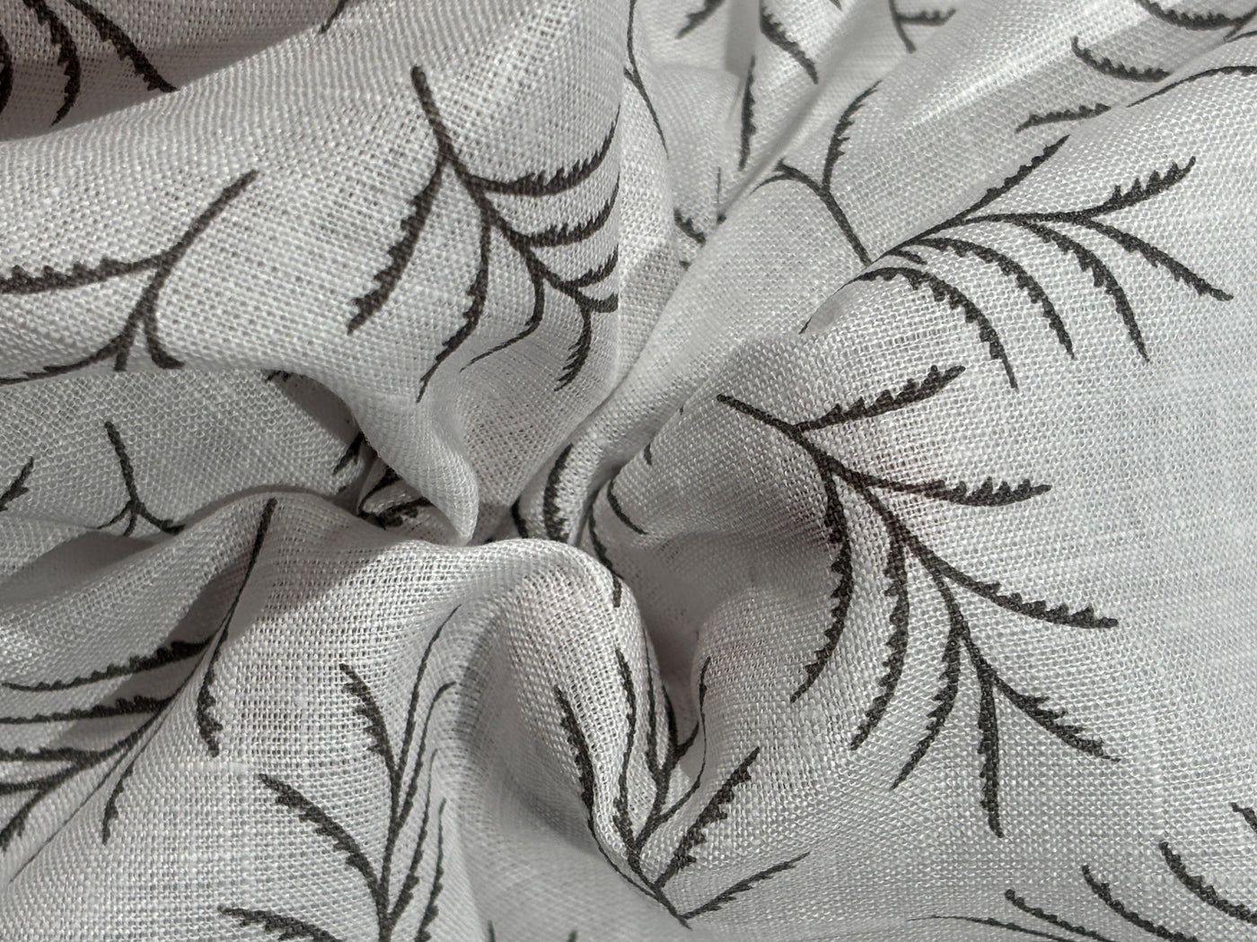 Linen 70's lea  pure linen fabric 58 inch wide white and grey leaf motif  print [17682]