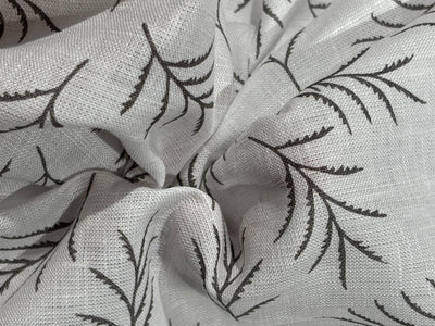 Linen 70's lea  pure linen fabric 58 inch wide white and grey leaf motif  print [17682]