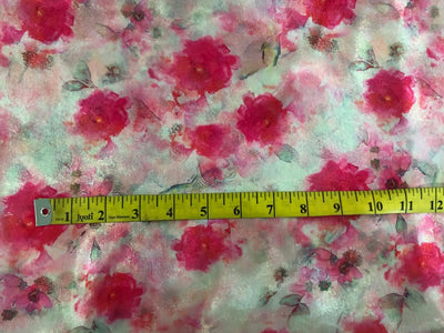 Shimmer Organza  fabric, Gleam sheer fabric Digital Print 54" wide available in 3 prints ivory with a spray of pink roses/cream with blue ,pink orange flowers and bright yellow with pink and blue flowers