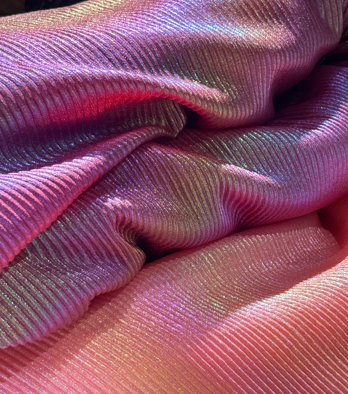 Pleated Rainbow Foil Fabric With Lycra 58'' Wide available in two colors barbie pink and candy pink [17249/50]