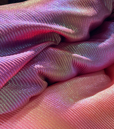 Pleated Rainbow Foil Fabric With Lycra 58'' Wide available in two colors barbie pink and candy pink [17249/50]
