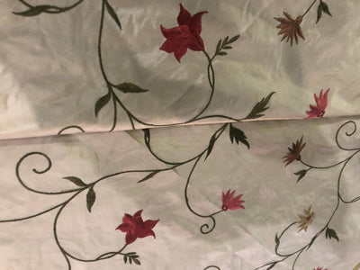 100% Silk TAFETTA EMBROIDERY 44" WIDE cream with scarlet, brown ,blue and yellow flowersTAFE22[3]