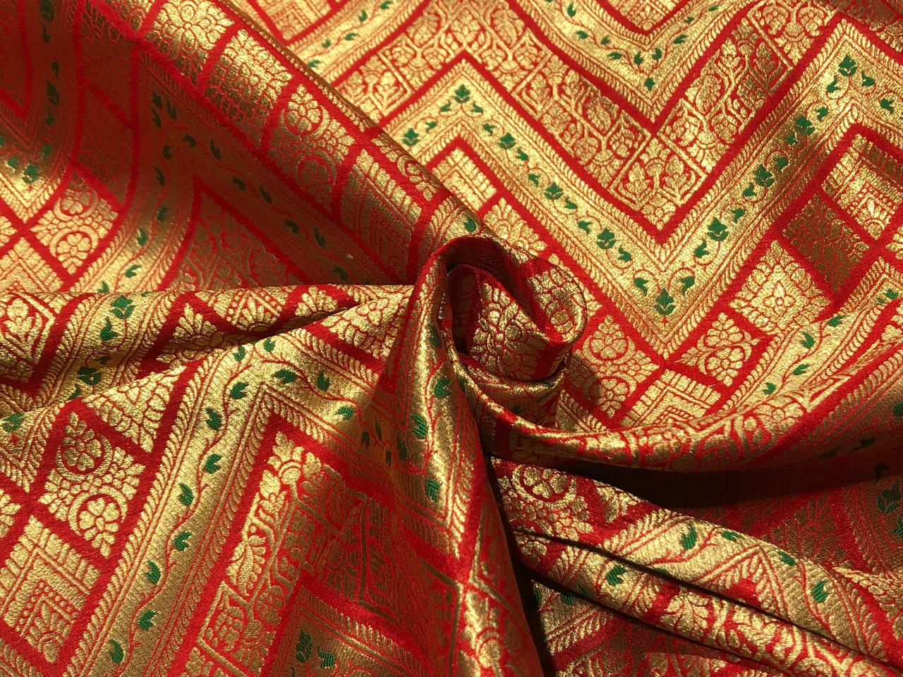 Silk Brocade fabric 44"red color geometric triangles x metallic gold jacquard and a hint of green leaves  BRO1044[2]