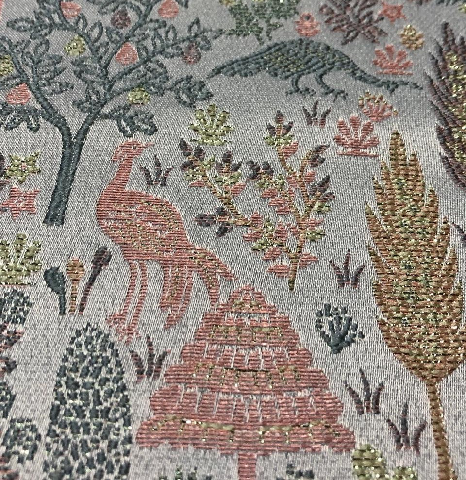 Silk Brocade fabric  jacquard with with subtle embroidery with subtle shimmer 54"silver grey, pink, and green peacocks BRO1034[3]