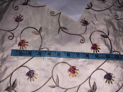 100% Silk TAFETTA EMBROIDERY 44" WIDE ivory  with  pink and purple flowers TAFE22[4]