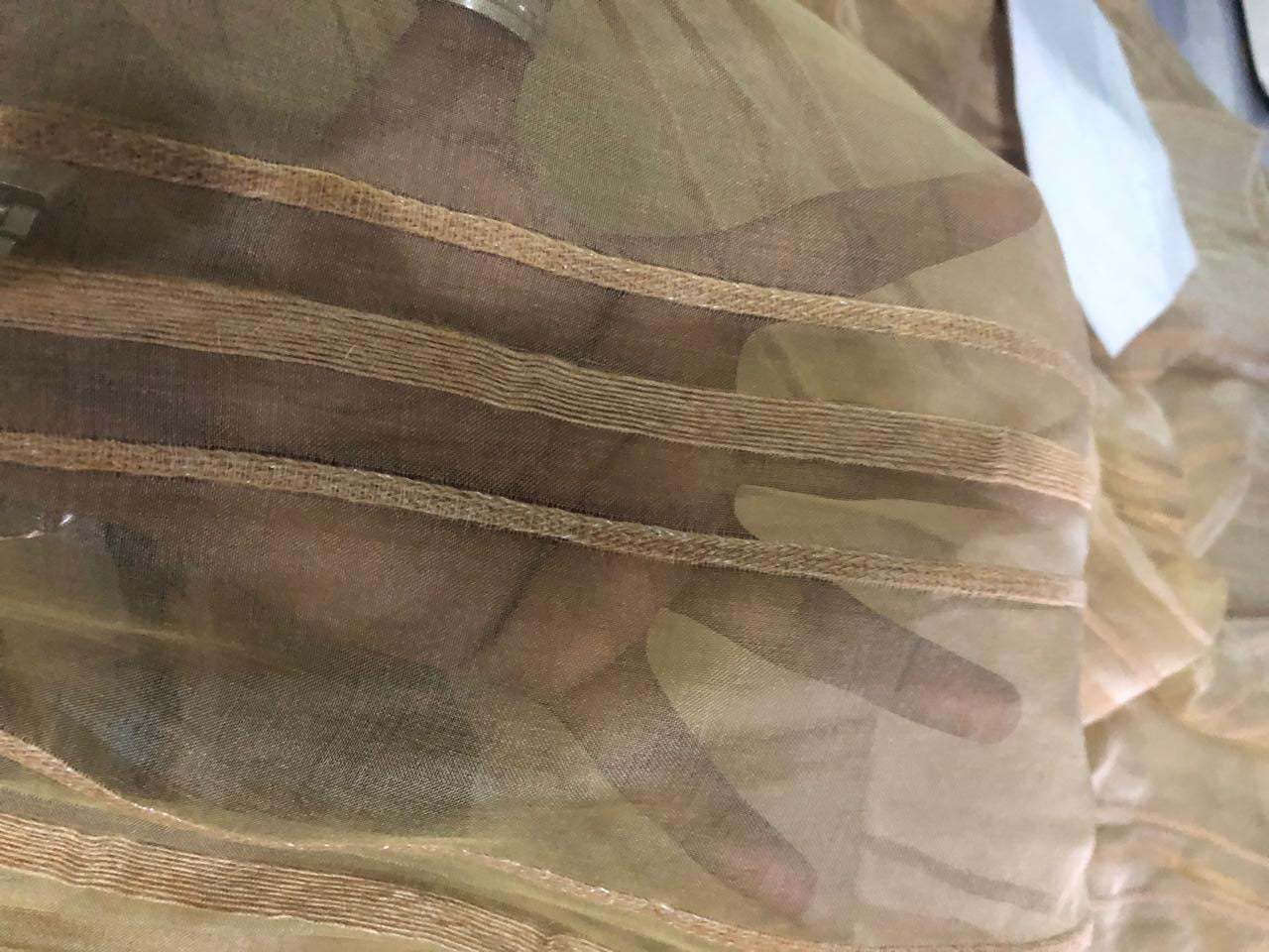 100% Silk mettalic tissue organza fabric BEIGE  with jute stripe design 54 INCHES WIDE [16297]