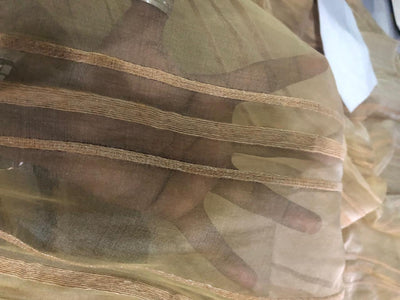 100% Silk mettalic tissue organza fabric BEIGE  with jute stripe design 54 INCHES WIDE [16297]