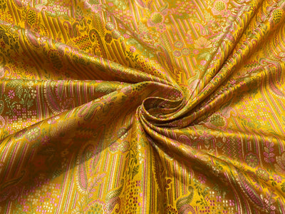 Silk Brocade fabric mustard gold with green and pink paisley  jacquard BRO1024[1]