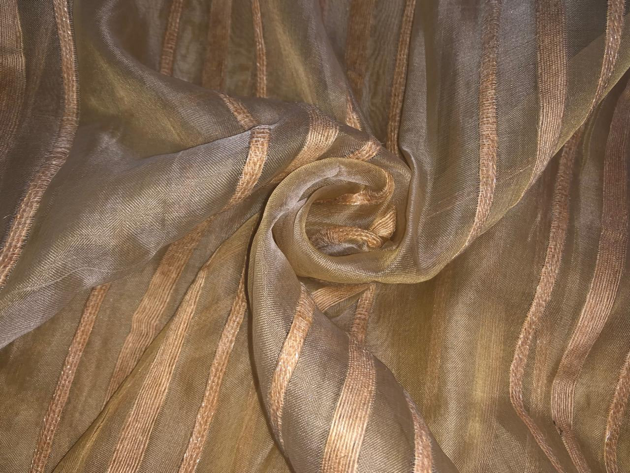 100% Silk mettalic tissue organza fabric BEIGE  with jute stripe design 54 INCHES WIDE [16297]