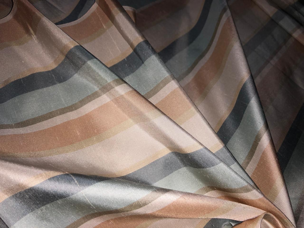 PURE SILK Dupioni FABRIC Dusty Shades of sea green ,rose, cream and grey color Stripes DUPS15[3]