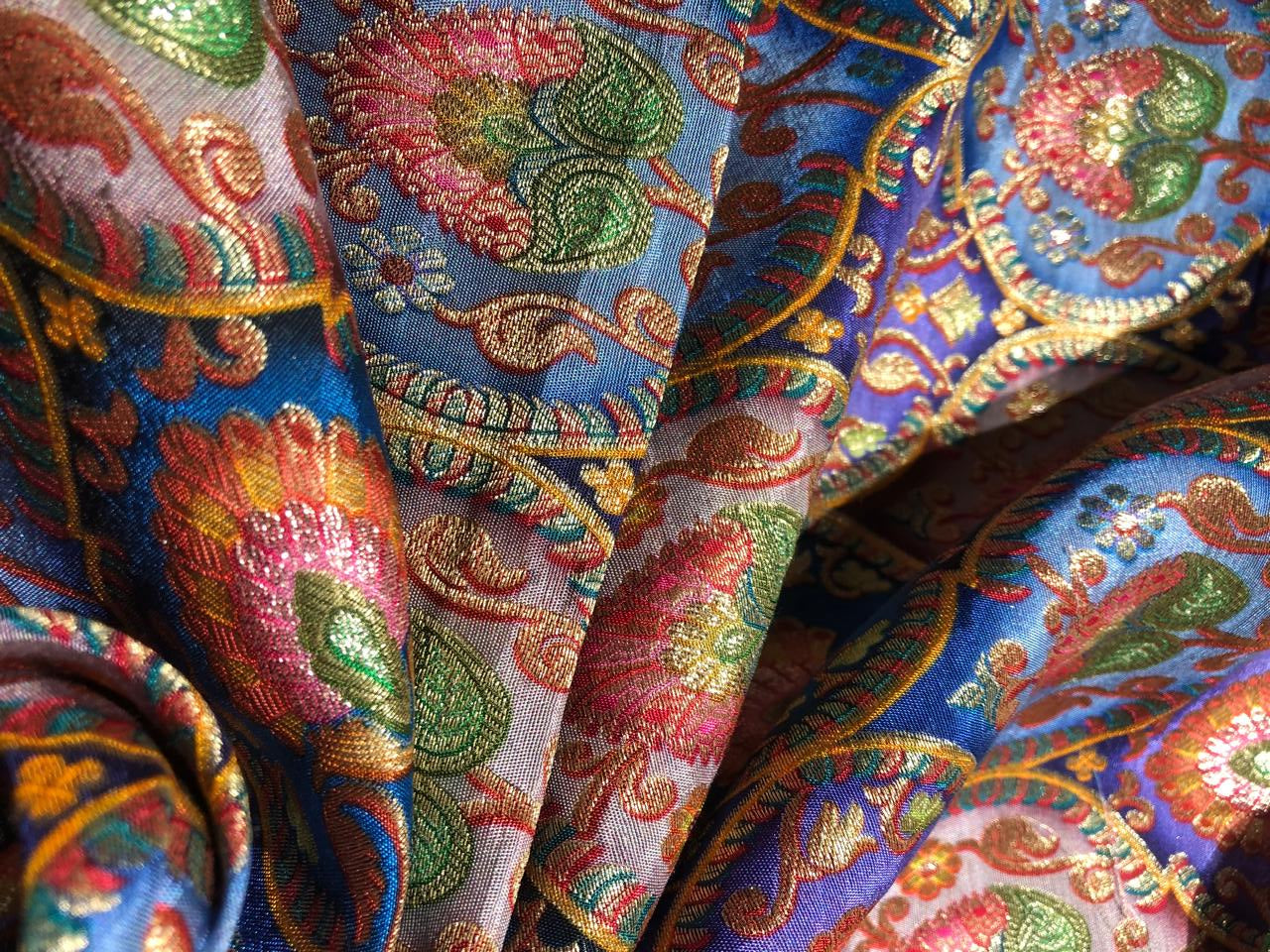 Silk Brocade Fabric beautiful jacquard  in multi colors 44""wide available in 4 color choices shades of greens/shades of blue and pink/shades of purple and pink and shades of olive and sea green   BRO967