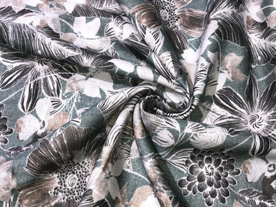 100% linen  digital print fabric 44" wide available in 4 PRINTS CREAM ABSTRACT WITH SEA GREENS,GREENY GREY FLORAL,ELEPHANT AND BLACK AND CREAMK FLORAL