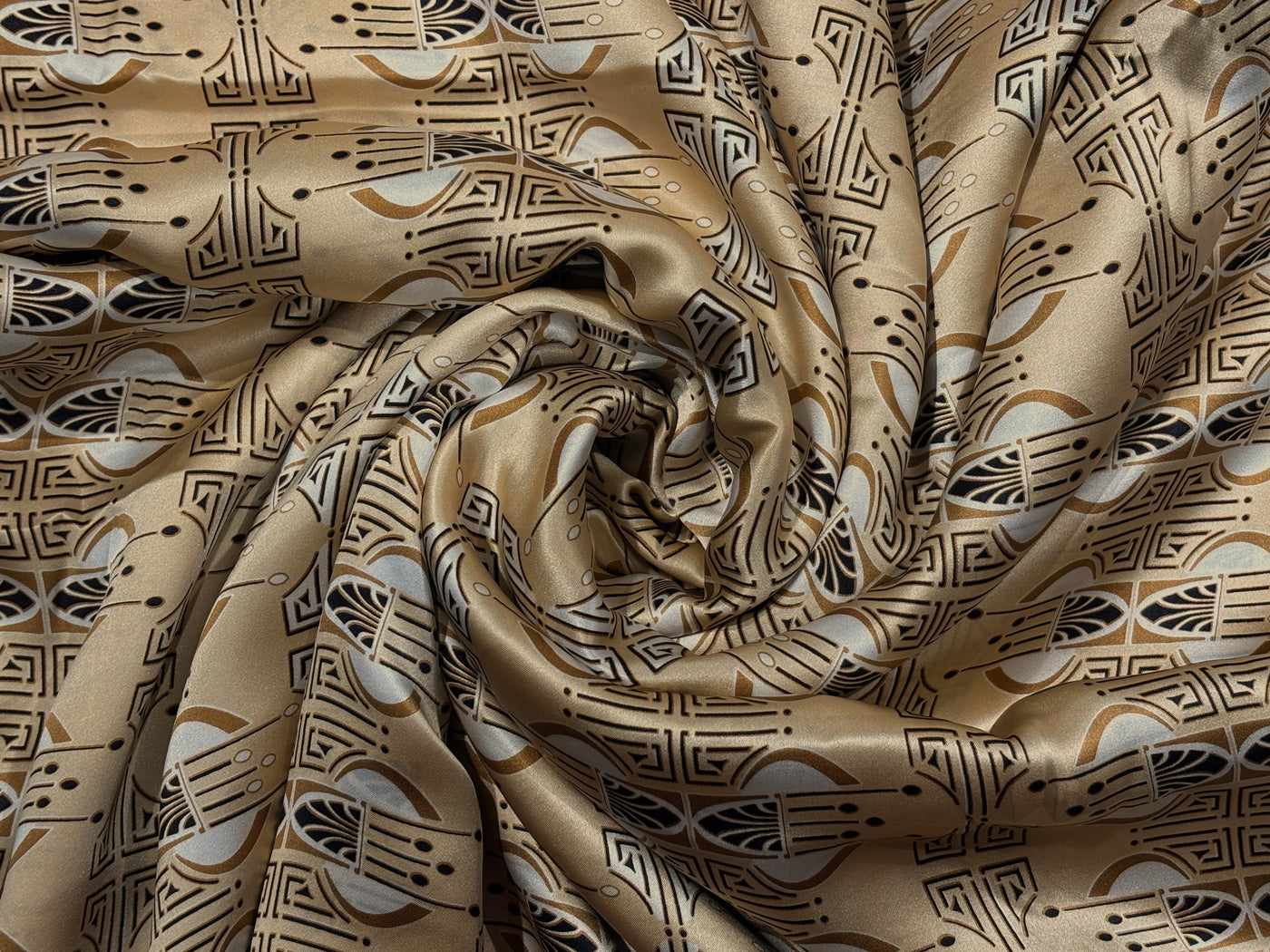 100% Pure Silk Satin 60-80 grams caramel color abstract print  54"Wide Fabric [18261]