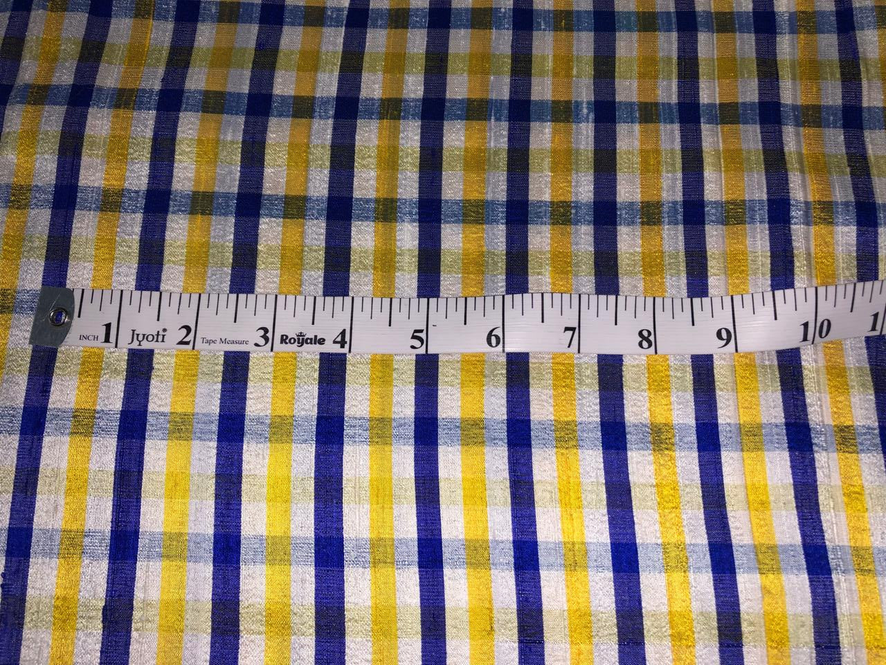 100% silk dupion  Plaids fabric with slubs shades of golden yellow ,blue ,royal blue and white yellow 54" wide DUPNEWC26[3]