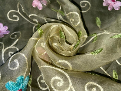 Silk organza embroidered 44 pastel green with pink blue floral embroidery [730]