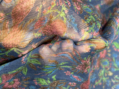 Silk chiffon printed  fabric deep ink blue  Color with red and green floral Print 44" wide [17793]