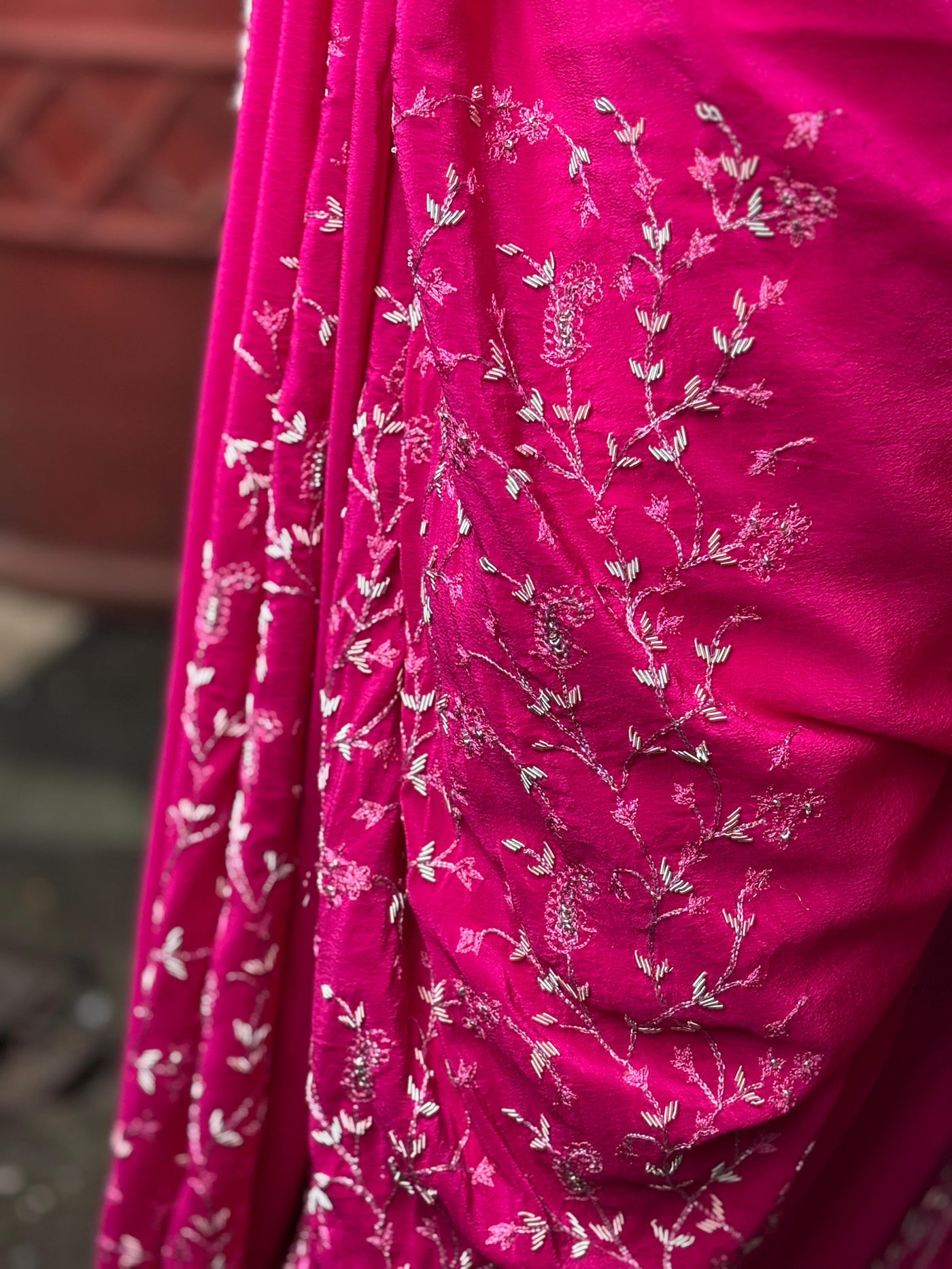 Indian beautiful silk crepe sari hot pink 6 yards with zardosi embroidery