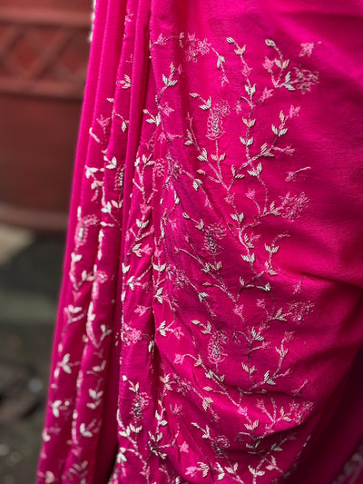 Indian beautiful silk crepe sari hot pink 6 yards with zardosi embroidery