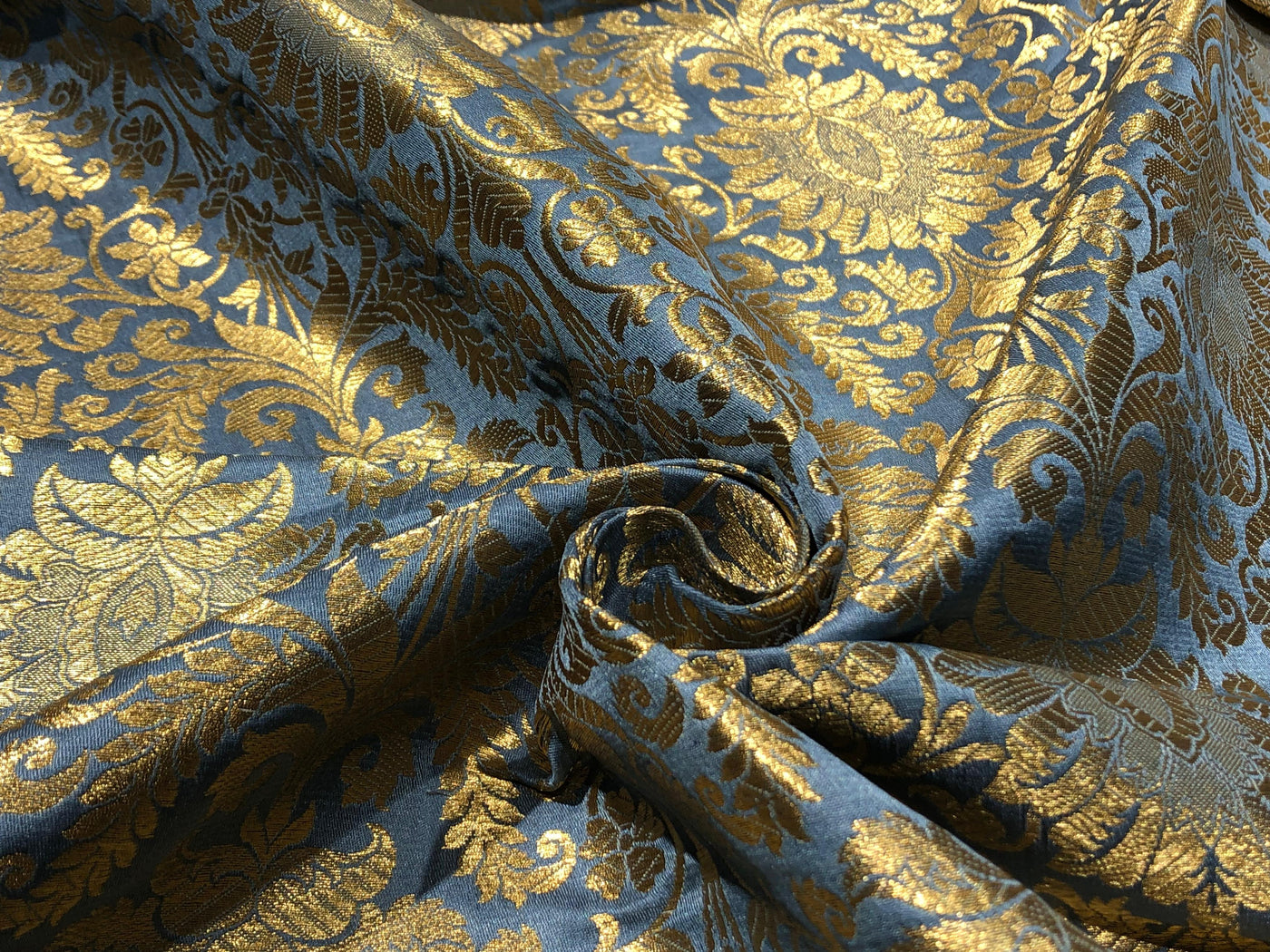 Silk Brocade fabric slate blue with metallic gold   jacquard  BRO1024[4]